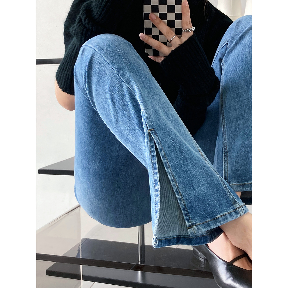 新款開叉微喇牛仔褲女復(fù)古藍(lán)色緊身高腰顯瘦拖地褲